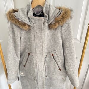 J. Crew Women's Light Gray Utility Jacket with Faux Fur Trim